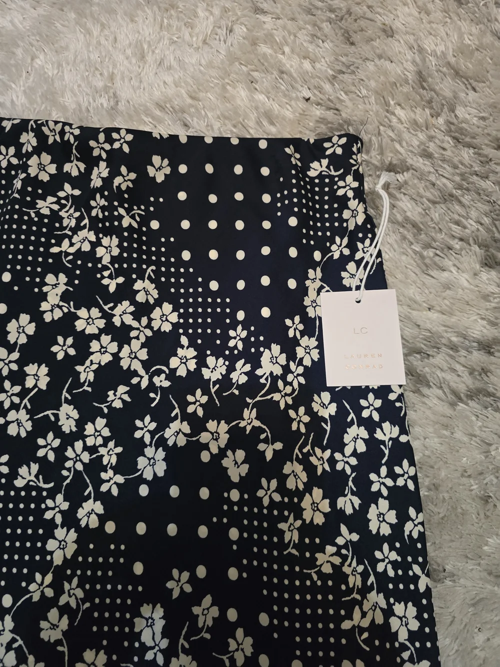 Lauren Conrad Navy Midi Skirt with Cream Floral & Dot Print